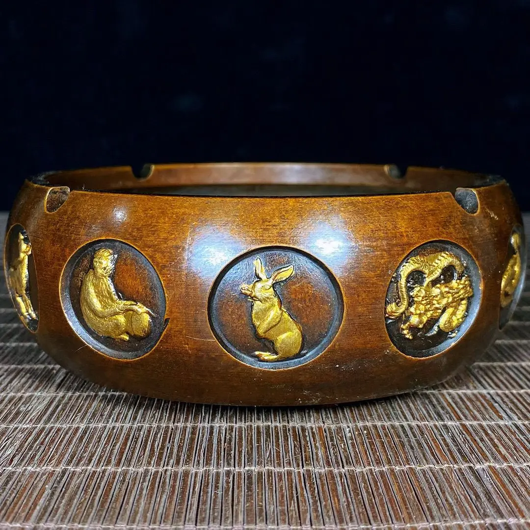 Solid Copper Gold-Dotted Ashtray & Brush Washer Carved with Chinese Zodiac Animals