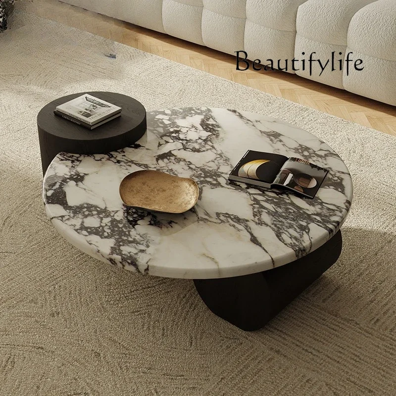 YY طاولة جانبية بأرجل سوداء فاخرة ومركز رخامي جمالي فاخر لغرفة المعيشة طاولة قهوة مستديرة بتصميم حديث أثاث Salontafel