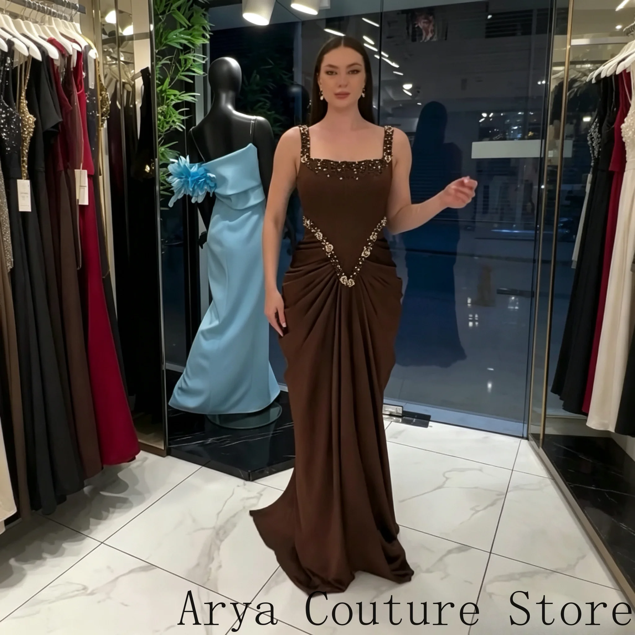 Customized Chocolate Mermaid Evening Gown Featuring Square Neck Thin Spaghetti Straps Rhinestone Chain Boned Corset Bodice