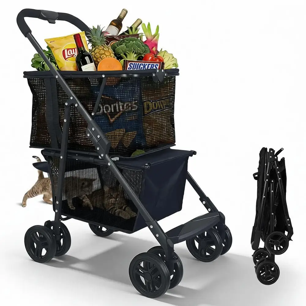 

Многофункциональная тележка 2-в-1, съемная корзина, прогулочная коляска для собак, складная одной рукой, складная хозяйственная тележка, для продуктов, белья