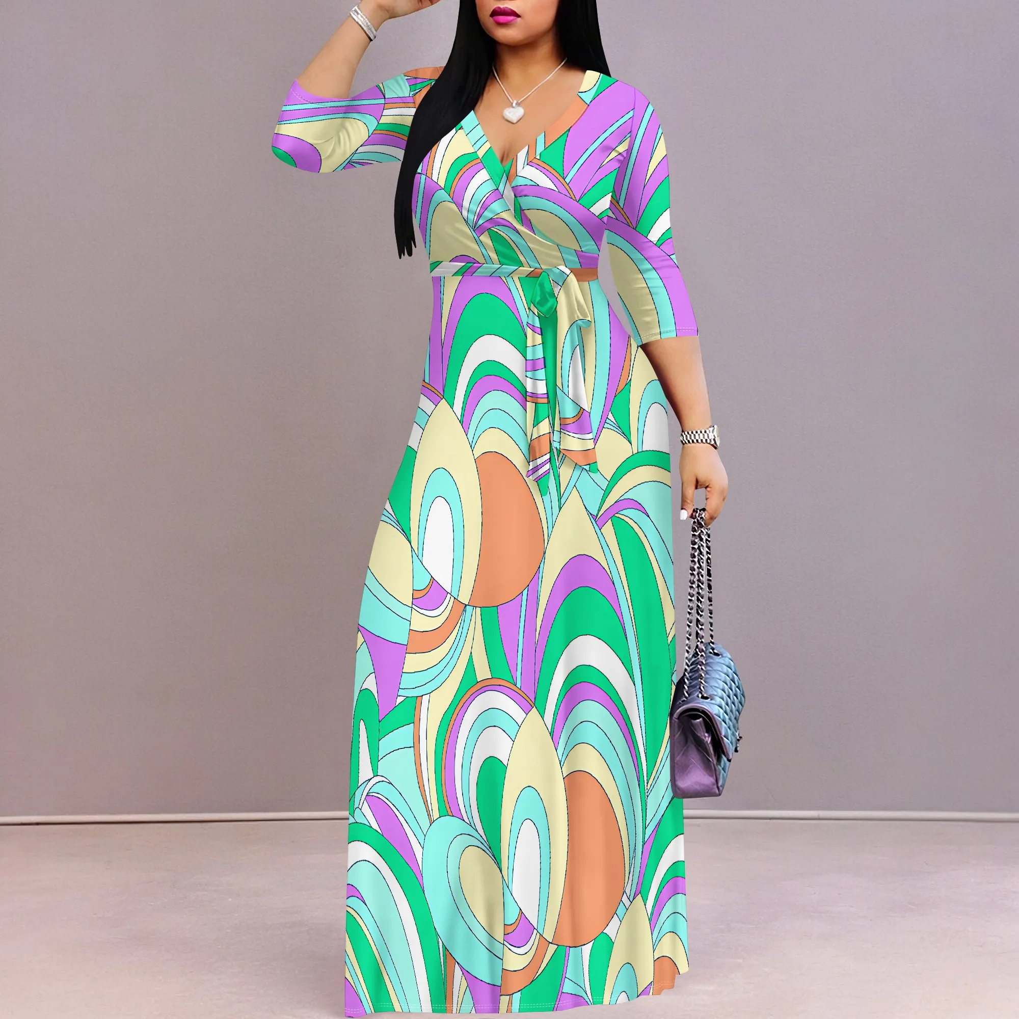 Seksowna sukienka damska z krótkim rękawem i dekoltem w szpic Boho Long Dress Fashion Printed Split Hem Club Party Casual Vacation Maxi Dress