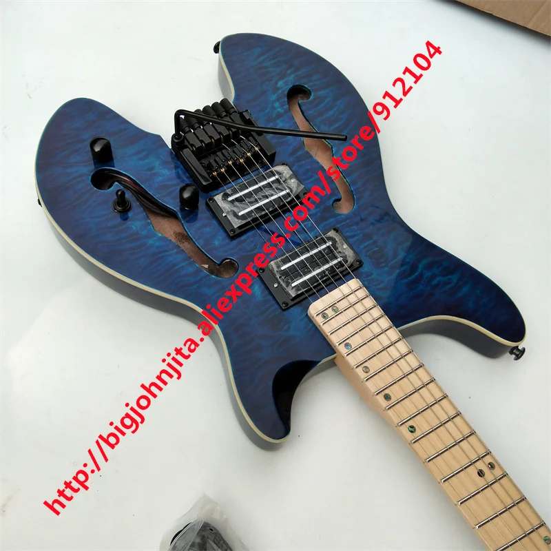 New Fan Fretted Semi Hollow Headless Electric Guitar,Double Track Pickup Guitar Quilted Maple Skin Top Mahogany Body BJ-651  654