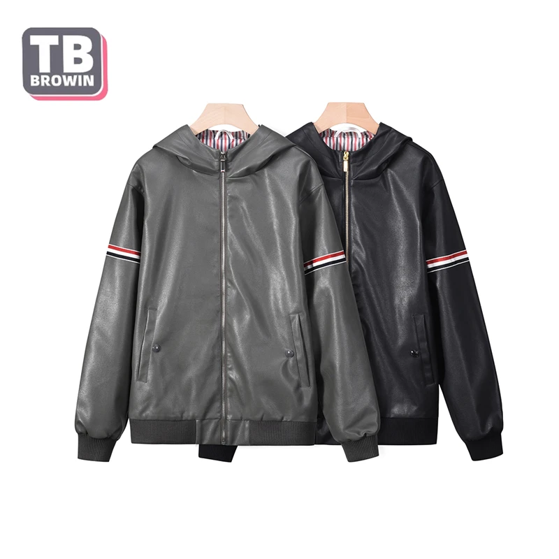 

TB YJ01 Brand Men's pu jacket coat Four bars luxury hooded leather classic striped casual lapel pocket slim