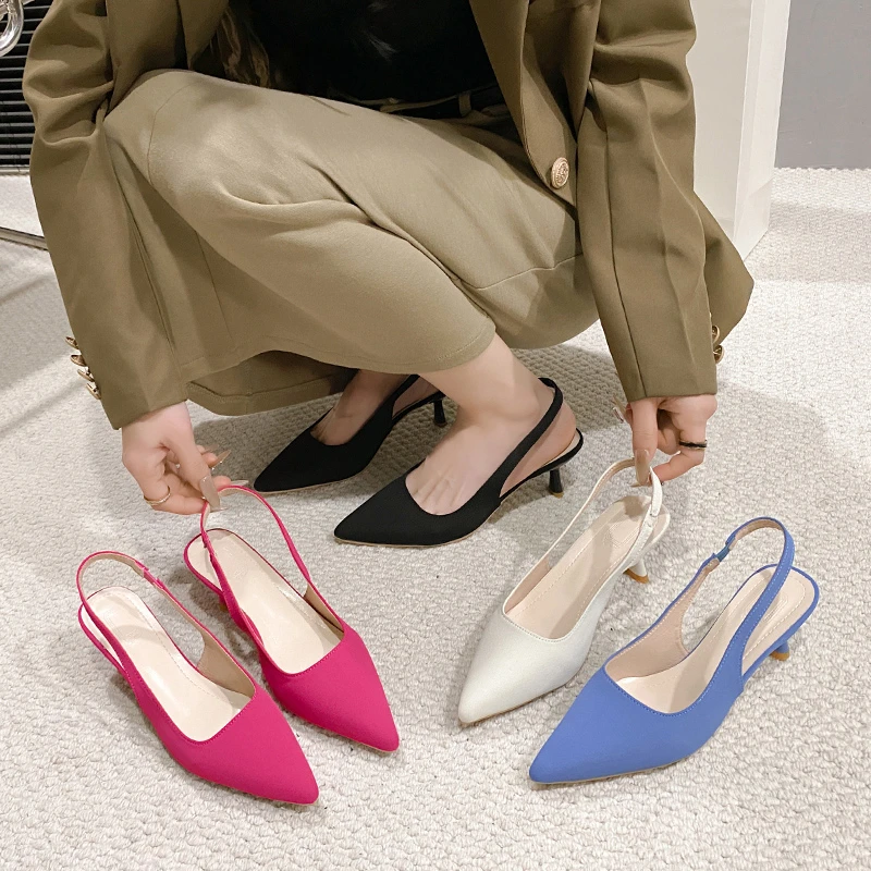 

New Style Fashion Women Simple Blue Slingback Pumps Elegant Pointed Toe High Heels Shoes Woman Solid Thin Heel Sandals for Women