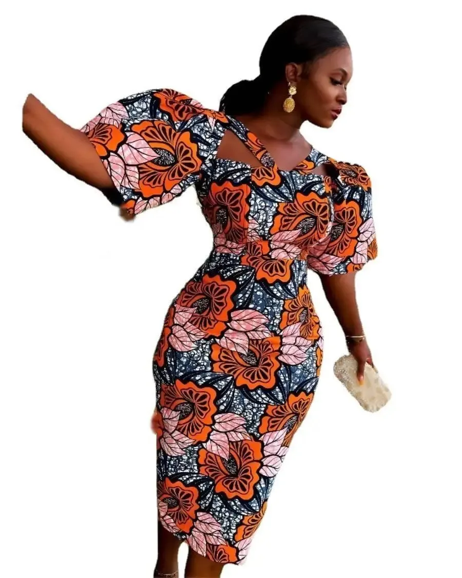 2024 Polyester African Dresses for Women Summer African Women Half Sleeve Printing Knee-length Dress African Print Dresses