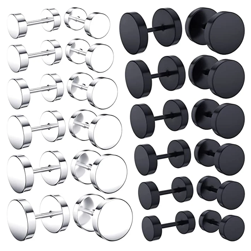 WKOUD 12 Pairs of Earrings Men and Women Steel Perforated Round Stud Earrings Set Silver and Black 4mm 5mm 6mm 7mm 8mm 10mm