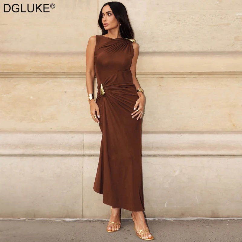

DGLUKE Boat Neck Sleeveless Long Dress Women Ruched Draped Maxi Dress Elegant Party Dresses For Women