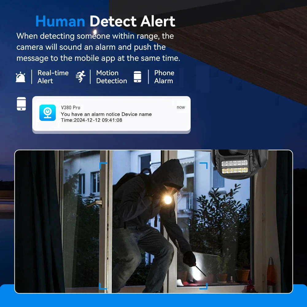 Cámara V380 Pro WIFI 12MP 6K tres lentes Color visión nocturna Monitor de vigilancia detección de movimiento al aire libre grabadora de vídeo de 3 pantallas