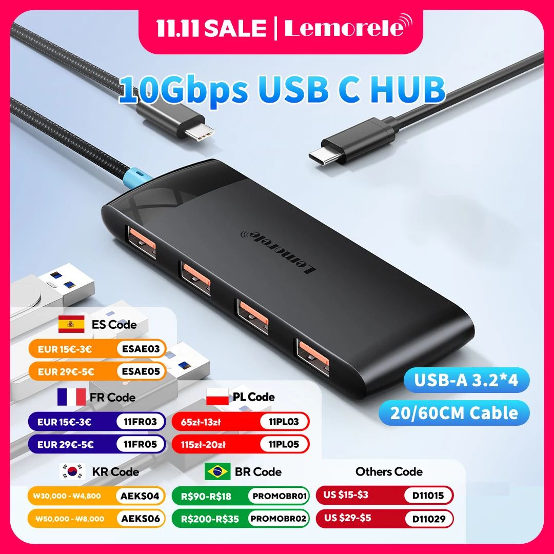 

USB-концентратор Lemorele TC108 4-в-1, 10 Гбит/с, высокоскоростной, с Type C на USB A 3,2