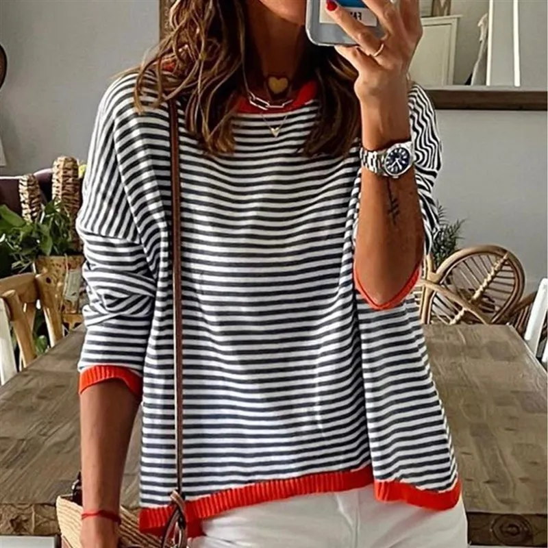 

Striped Contrast Knit Sweater 2025 Drop oulder Long Sve Women's Faion Winter Outerwear Comfortable Fit Hoodie