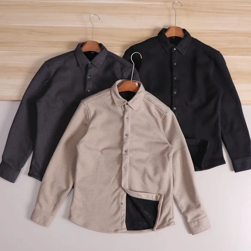 暖かい裏地付きの長袖カジュアルシャツ、男性用通勤用、折り返し襟、秋冬、ファッショナブルなポリエステル...