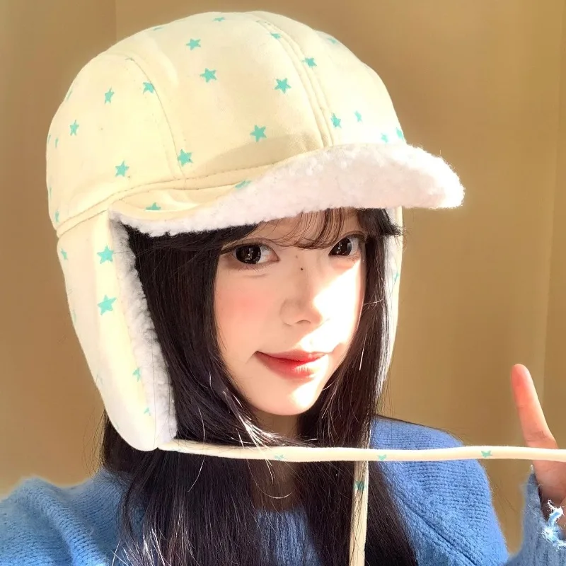 

Y2K милые флисовые шапки-бомберы со звездами и принтом в горошек для женщин, зимние путешествия, теплая защита ушей, универсальные модные кепки-пилоты с ремешком