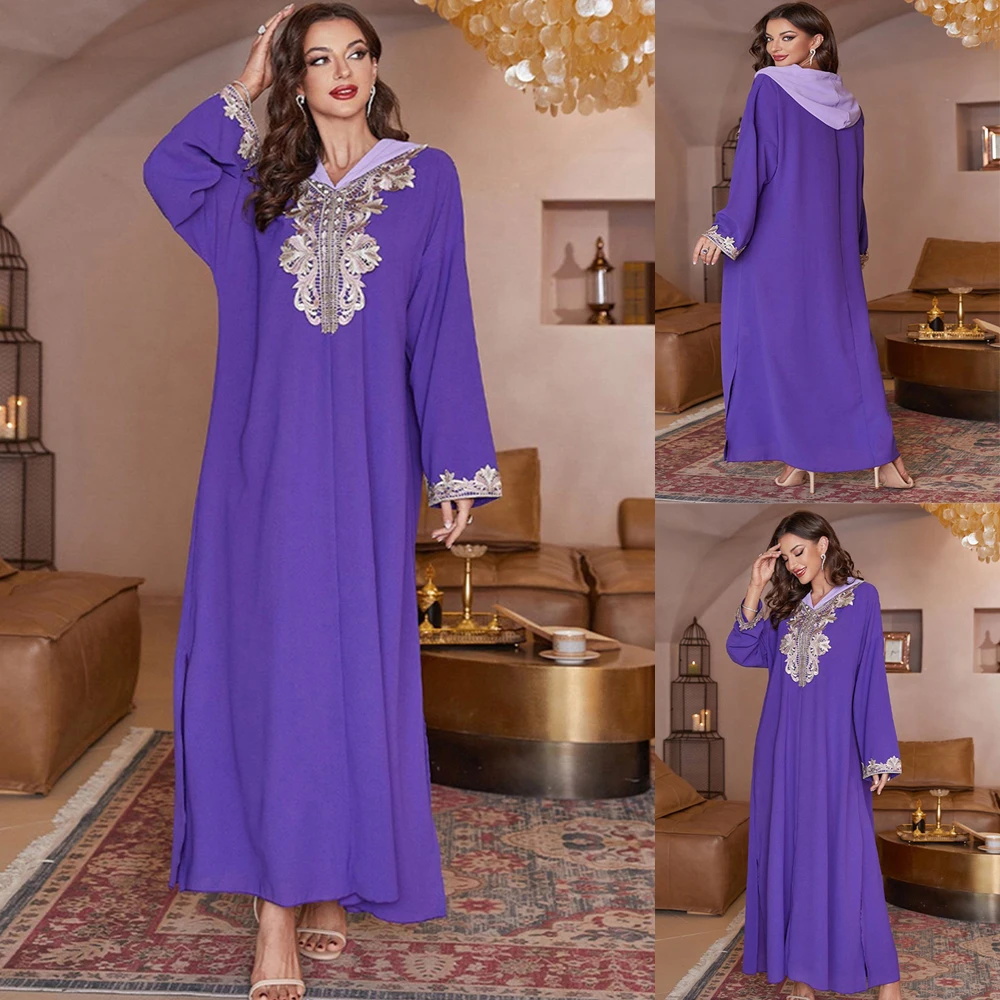 

Fashion Hooded Embroidery Long Sleeve Casual Abaya Jalabiya Muslim Women Clothing Moroccan Caftan Patchwork Islamic Ramadan
