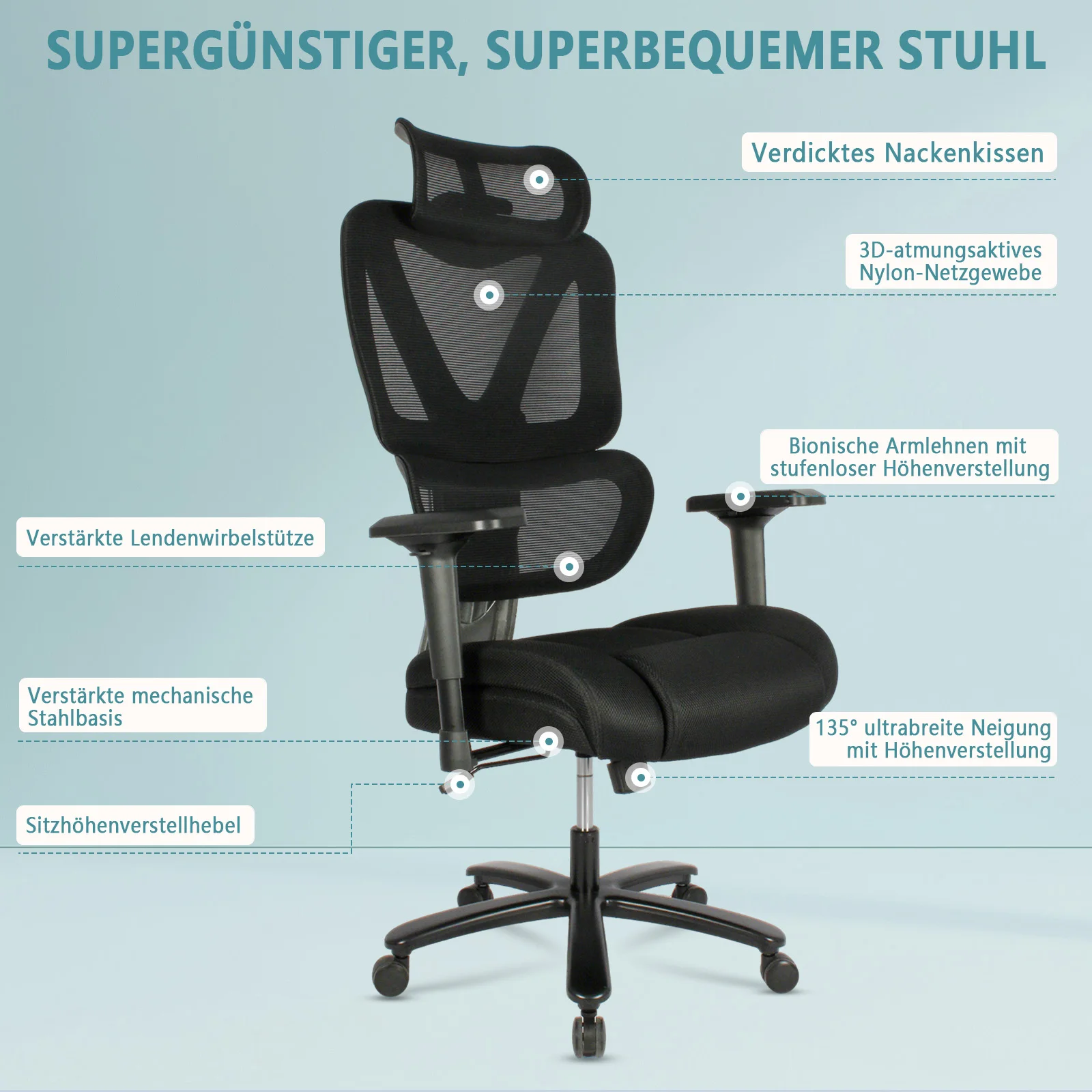 Afbeelding 4: Bureaustoel Ergonomische bureaustoel met 135 °   Verstelbare rugleuning, 3D ademend nylonnet, verstelbare nek- en lendensteun, B