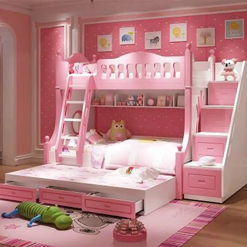 

Розовая современная деревянная рама для хранения лестницы, детская кровать, домашняя мебель для спальни, деревянные роскошные двухъярусные кровати для девочек и мальчиков