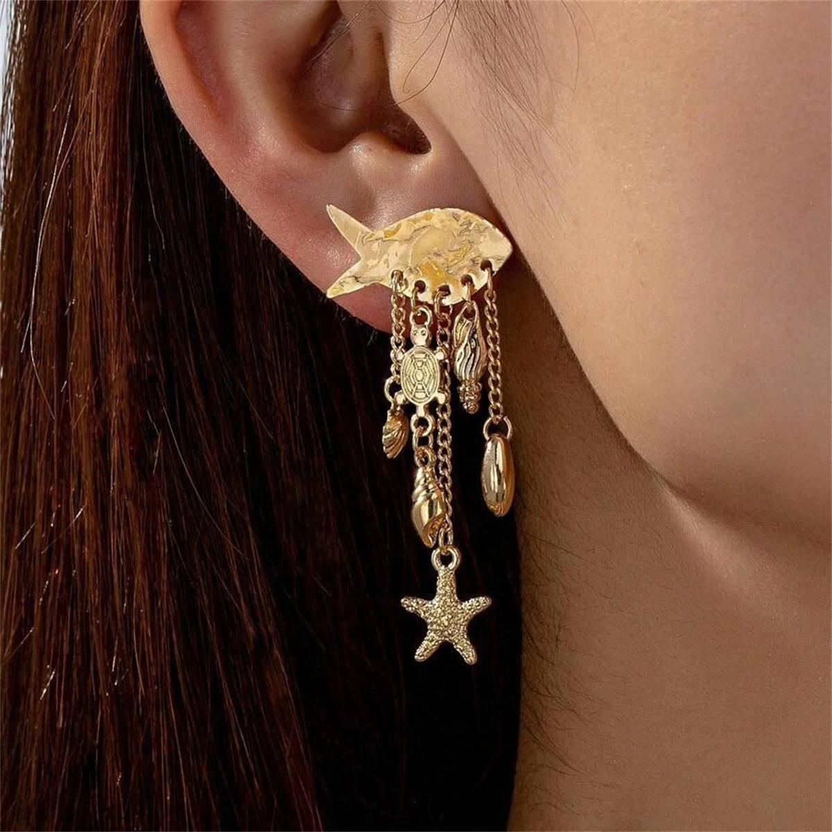 الفولاذ المقاوم للصدأ سلسلة المحيط محارة نجم البحر شل أقراط الأسماك الصغيرة أقراط مطلية بالذهب