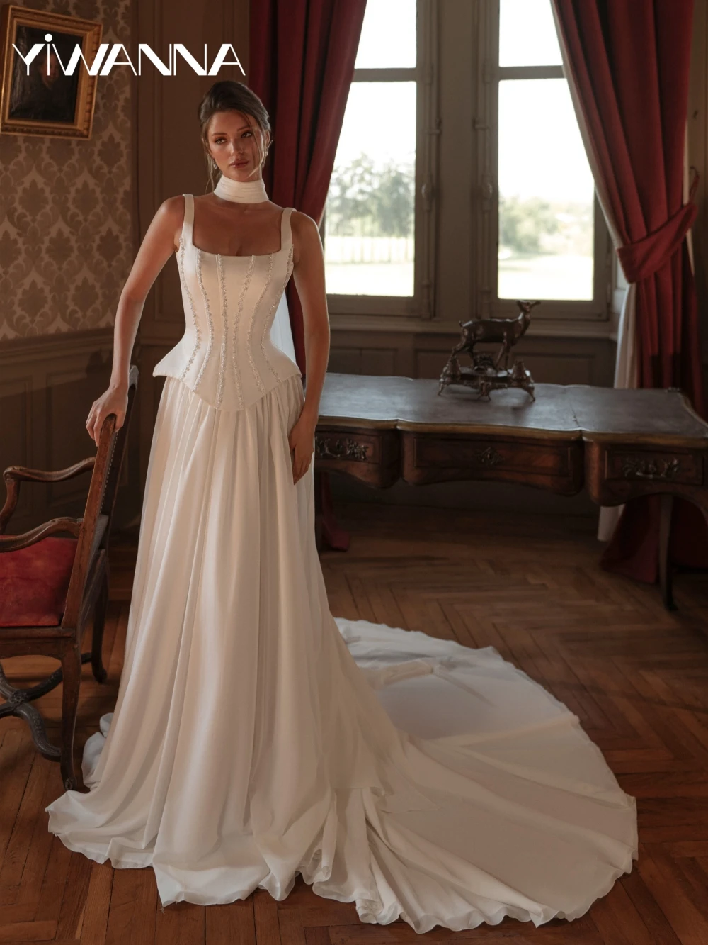 

With Corset Pearls A-line Long Wedding Dress Elegant Square Neck Bridal Gown 2026 New Customized Tank Sleeve Dresses For Bride