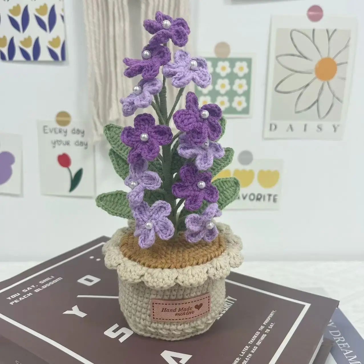 اليدوية الكروشيه زهور الصوف Myosotis Sylvatica اناء للزهور ديكور المنزل الزفاف الديكور هدية عيد