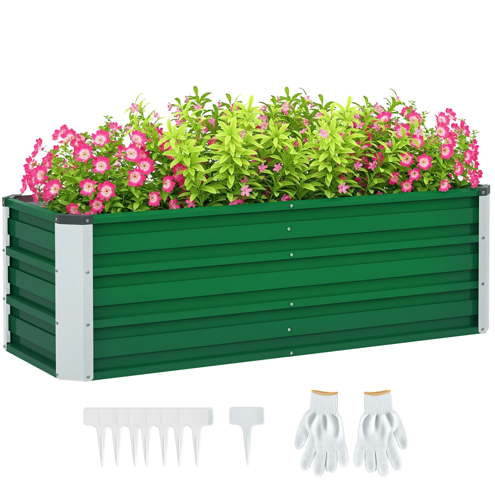 Bac à plantes rectangulaire en acier Urban Garden Inclut Gants pour la culture de plantes et de fleurs sur terrasse, balcon, extérieur 125x47x40 cm Vert