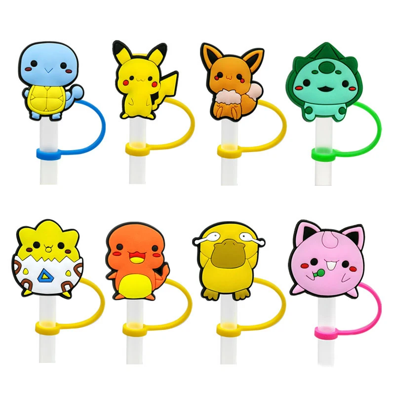 Cute Pokemon series Silicone Straw Topper for 10mm,Straw Caps for Glass Cup,with 30&40Oz Tumbler with Handle Dust-Proof Reusable