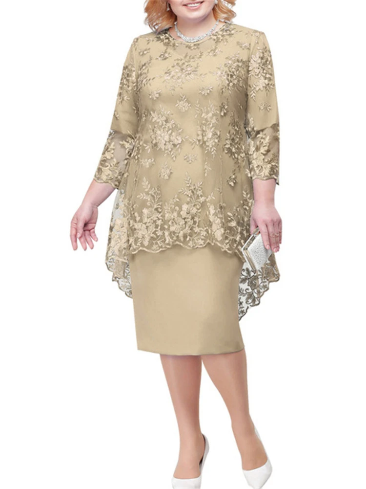 Plus Size Women Evening Gown Dress, Fashion Solid Color Round Neck High Waist Lace Embroidery Two-Piece Slim Fit Dress Set
