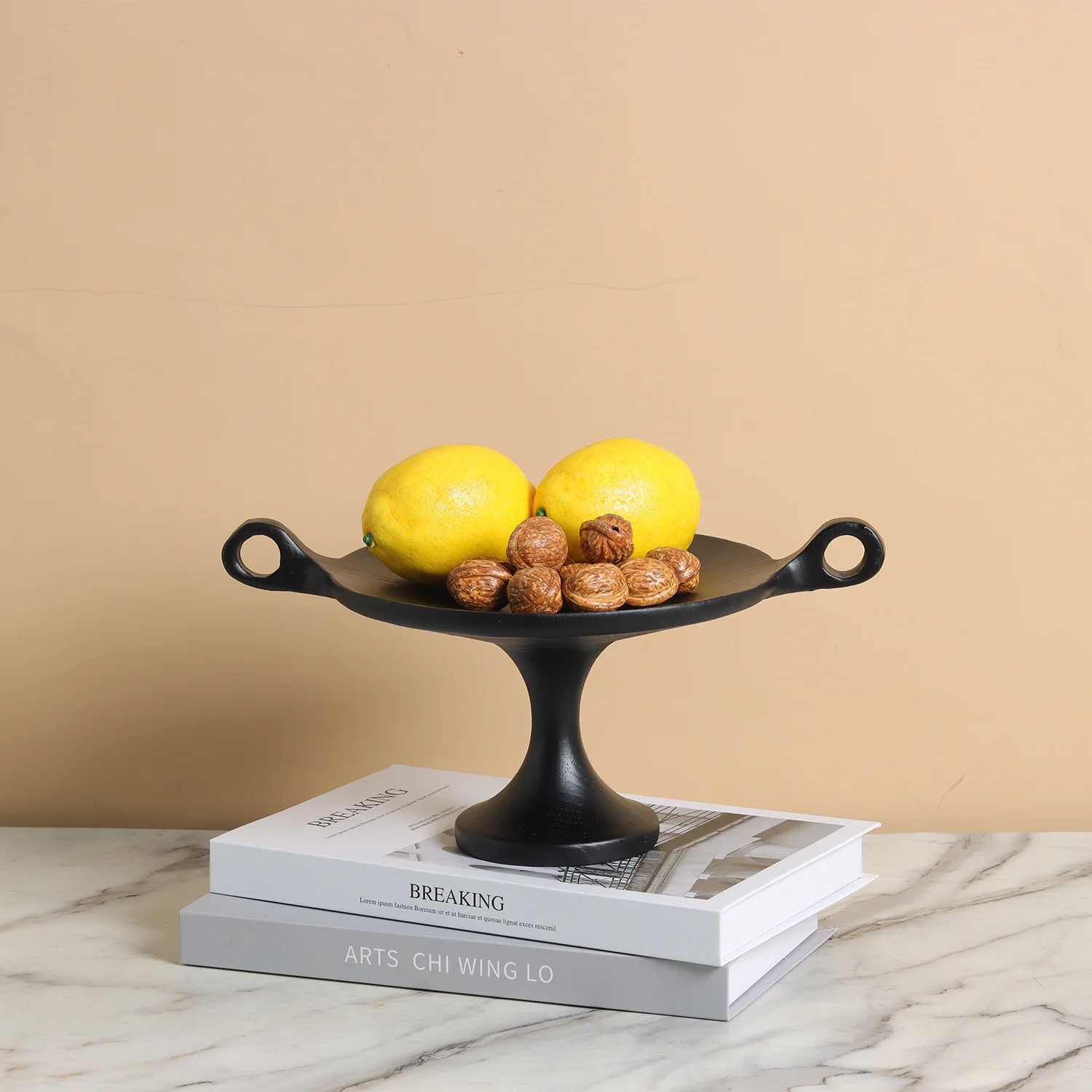 

Vintage Style Black Double-Ear Tall Round Fruit Plate, Simple Home Decoration Storage Tray & Serving Plate