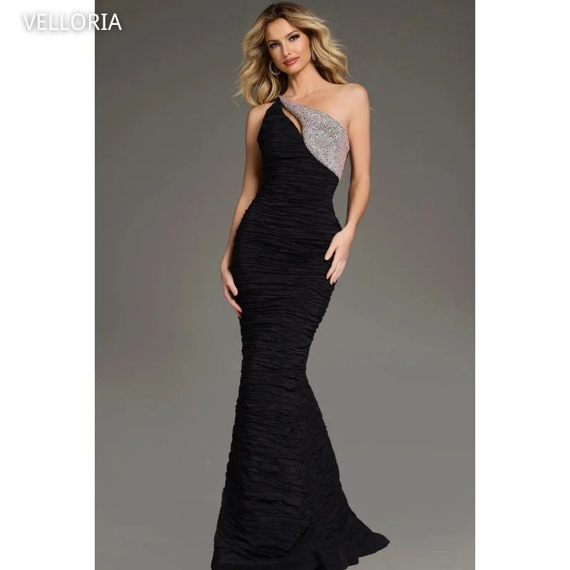 Vestido De noche plisado negro, vestido para ocasiones formales De sirena con un hombro, vestido De baile elegante con lentejuelas, vestidos De Fiesta personalizados