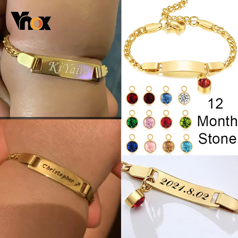 Vnox Customizable Bracelets for Little Girls, Engrave Name Date Stainless Steel Bangle with 12 Birth Stone Charm,Girls Boy Gift