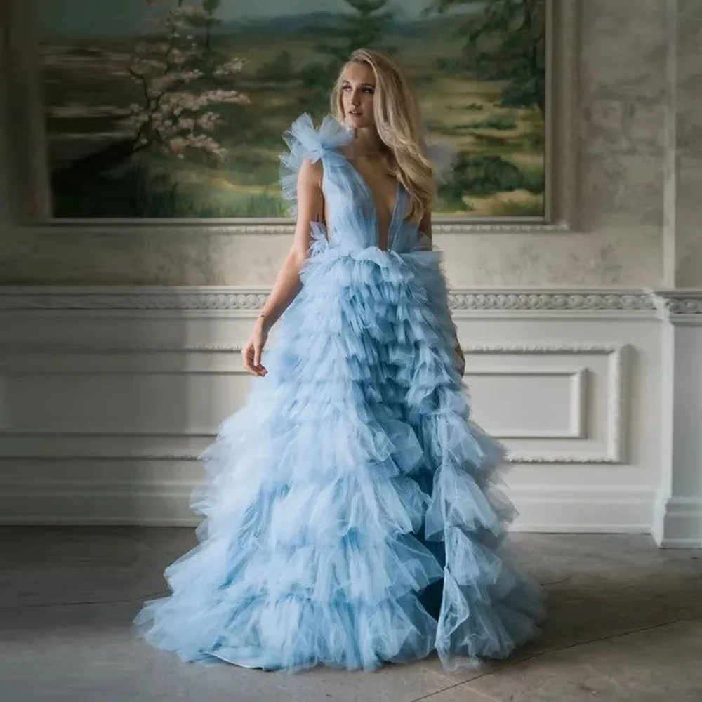 Affascinante abito da ballo in Tulle gonfio abito da servizio fotografico abito da doccia da sposa in rete morbida a strati blu con spacco anteriore abiti da festa lunghi formali