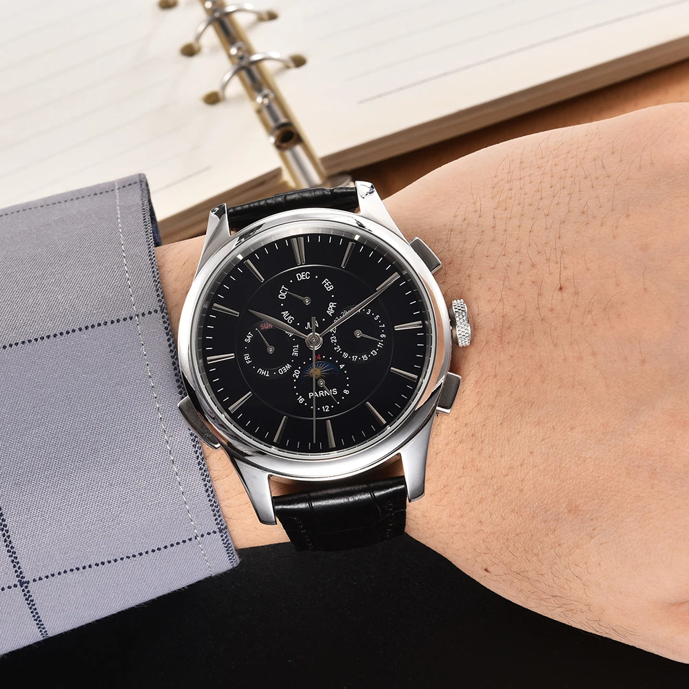

Fashion Parnis 45mm Black Dial Men Watch Automatic Mechanical Moon Phase Calendar Leather Strap Watches With Box Gift 2025 Clock