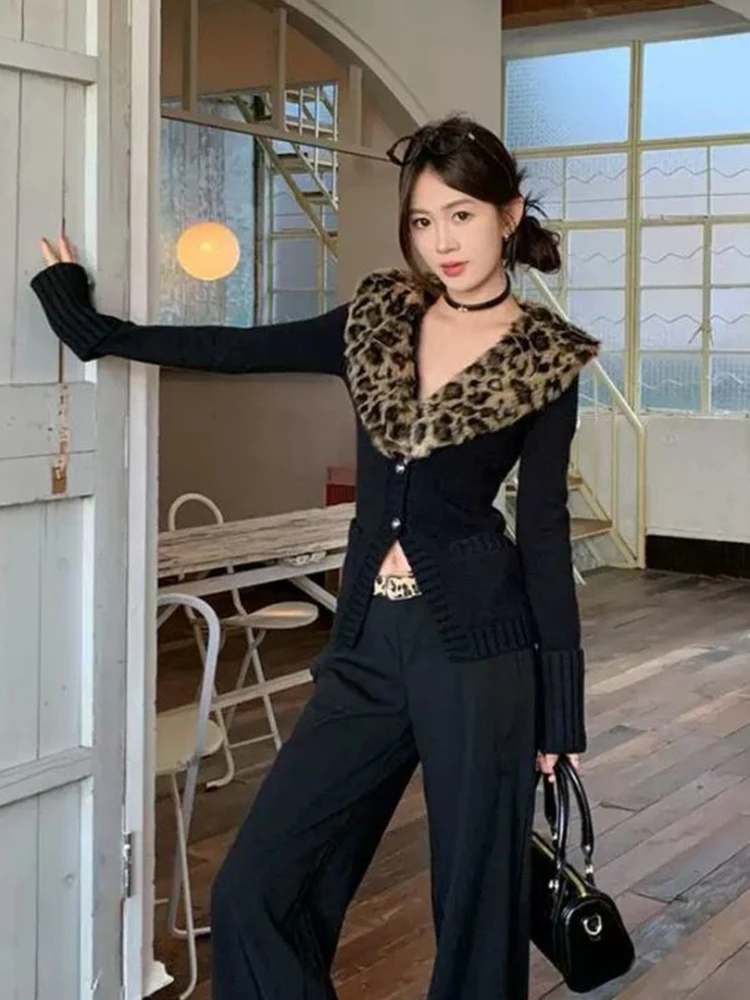 Sexy Leopard Knitted Cardigan Women Vintage Streetwear Fall Winter Patchwork Sweaters Korean Button Slim Fit Hotsweet New Coats - Image 3
