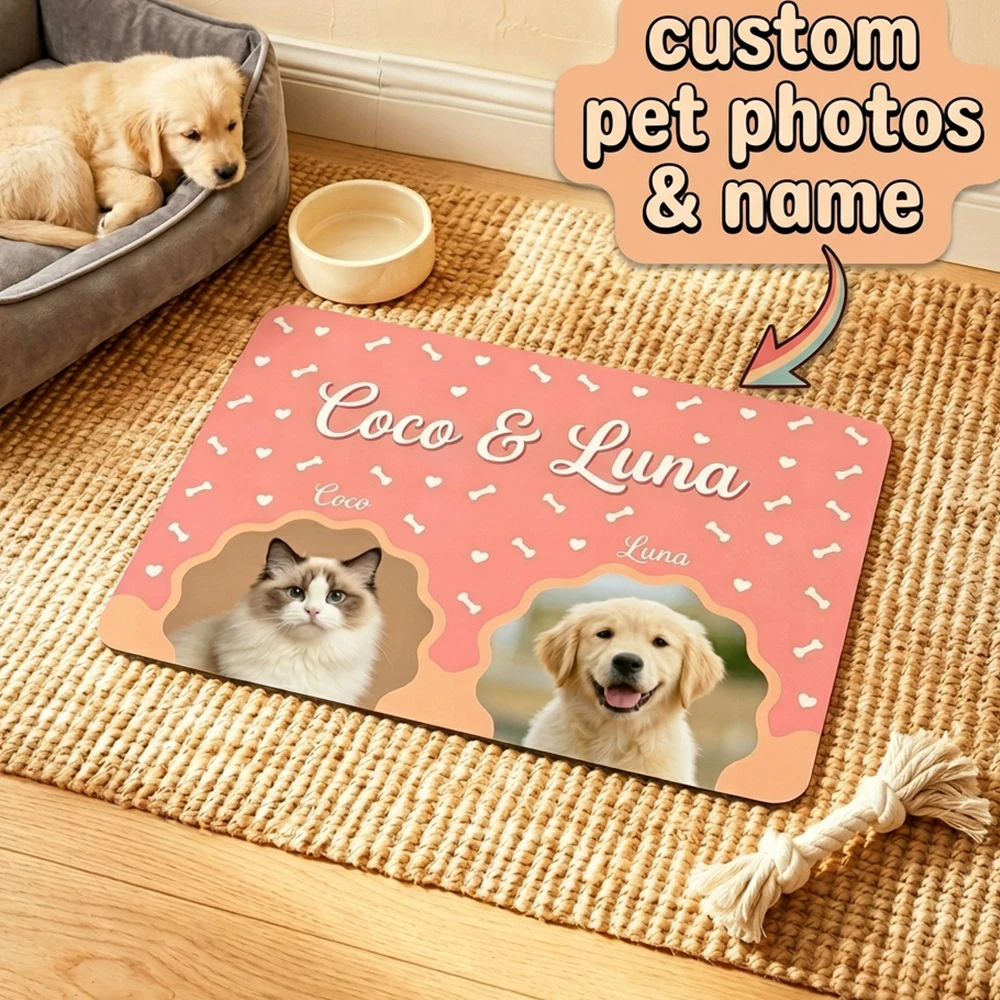Custom Dual Pet Photo&Name Feeding Mat,Pink Heart&Bone Themed,Non-slip Easy Clean Dog,Personalized Keepsake Gift for Pet Owners