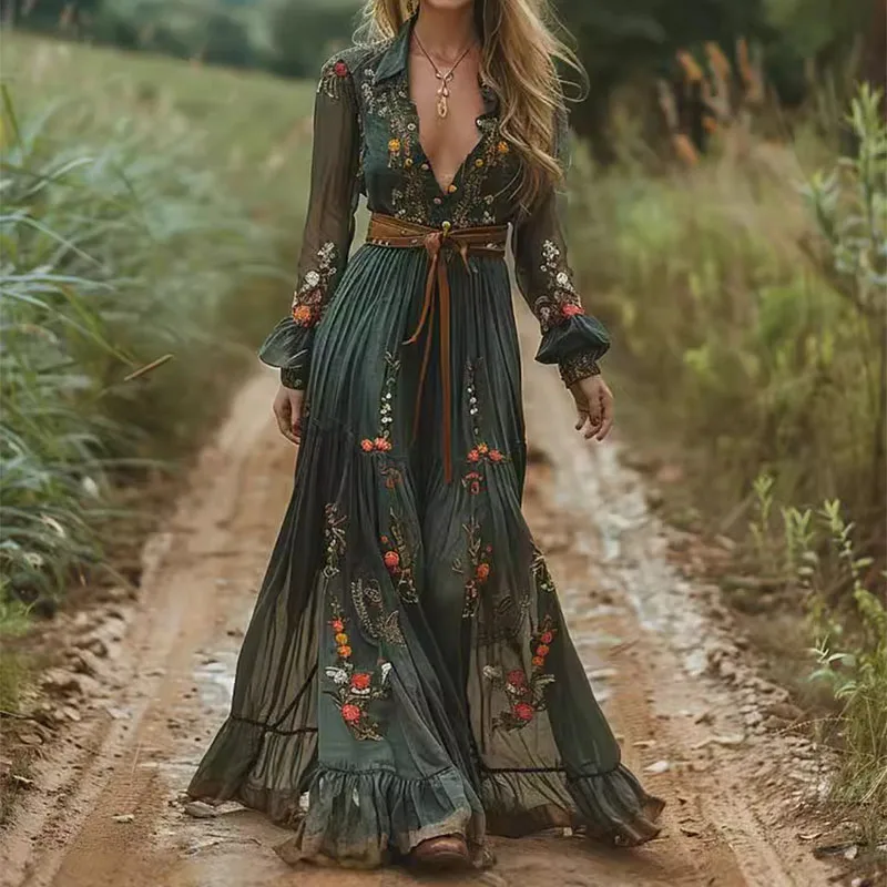 เดรสยาวพิมพ์ลายดอกไม้สไตล์เรโทรสำหรับผู้หญิง แขนยาว จับจีบ คอเสื้อเชิ้ต ติดกระดุม เหมาะสำหรับงานปาร์ตี้ ฤดูใบไม้ผลิ ฤดูร้อน หรือฤดูใบไม้ร่วง