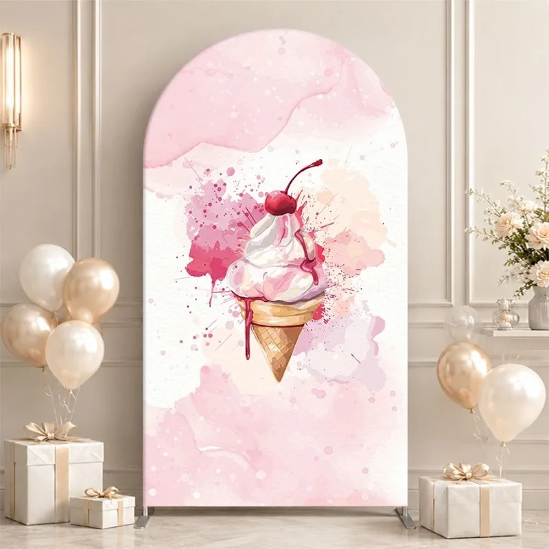 Single Side Arch Backdrop Cover Pink Watercolor Ice Cream Arch Backdrop for Elegant Parties and Celebrations with Cherry Topping