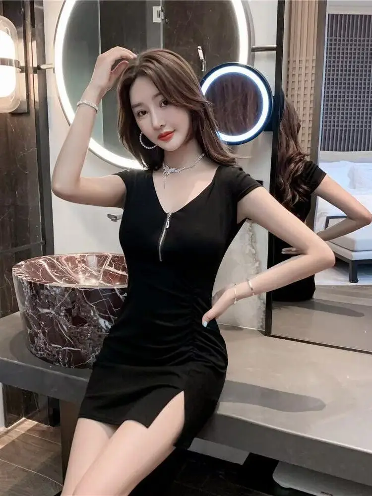 

plus Size Women's V-Neck Zipper Side Slit Short Sleeve Bodycon Dress Summer Commute Style High Waist Polyester Fiber Skirt