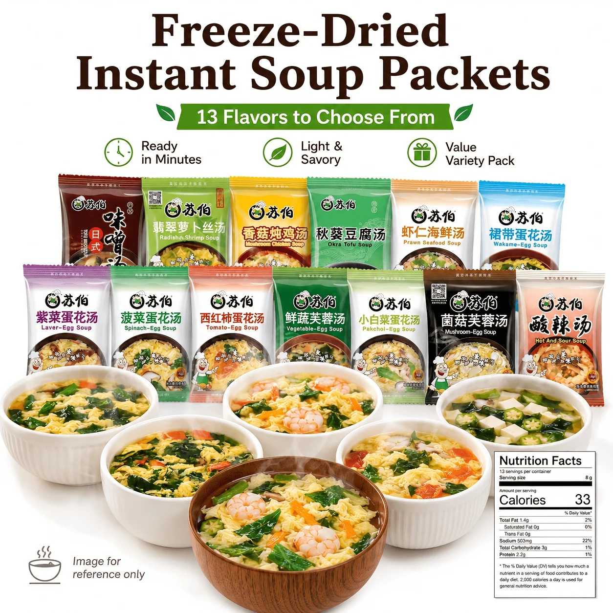 A blend of 13 different flavors-freeze-dried and ready-to-eat-offering a convenient and quick breakfast soup or meal replacement