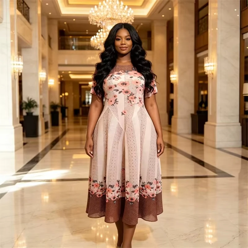 ANLAN Miyaki Women Floral Print Midi Dress Short Sleeve Hollow Texture A Line Hem Pink Floral Patchwork Pleated Dresses 2AN4919