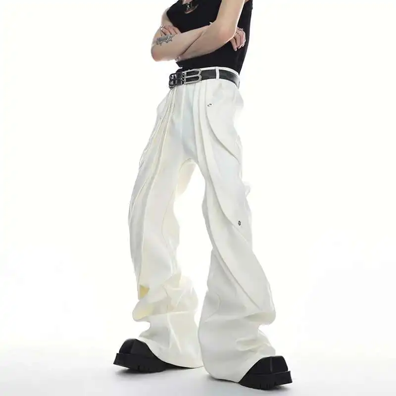 Luzhen sólido streetwear 2025 design primavera moda masculina plissado cor bonito perna larga calças casuais masculino bell-bottoms jy2493