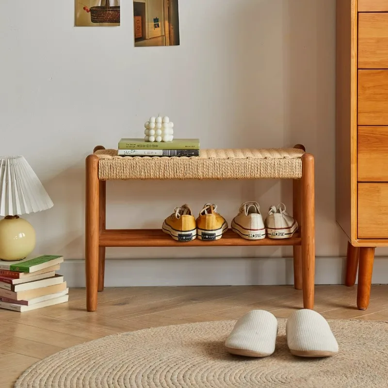 Bangku Sepatu Kayu Solid Nordic Bangku Ujung Tempat Tidur Anyaman Tali Jepang Kursi Penyimpanan Panjang Pintu Masuk Ottoman Buatan Tangan Minimalis