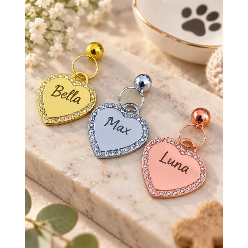 Personalisierte Strass-Hunde- und Katzen-ID-Anhänger, individuell graviertes Namensschild für Hunde, herzförmige Anti-Verlust-Haustieranhänger, Charm-Anhänger, DIY-Zubehör – Detail 4