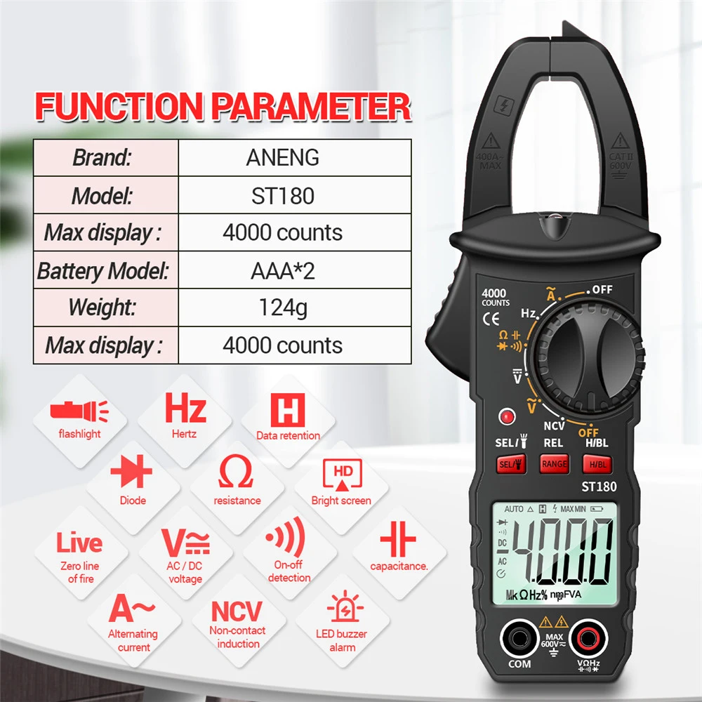 ANENG ST180 4000 Counts Digital Clamp Meter AC Current Multimeter Ammeter Voltage Tester Car Amp Hz Capacitance NCV Ohm Tool