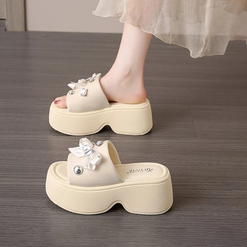 

Bowknot Rhinestone Thick Bottom Sandals Woman Lightweight Comfortable Dress Women's Sandals 2026 Summer Open Toe Wedge Slippers