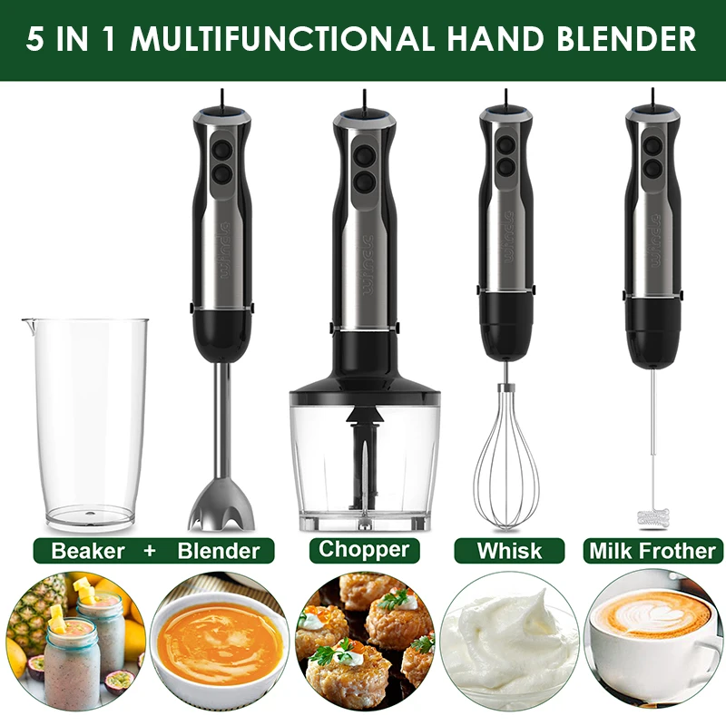 Wancle Blender genggam celup elektrik 1000W, Blender dapur kuat 5 dalam 1 untuk kocokan telur, penggiling daging, prosesor makanan