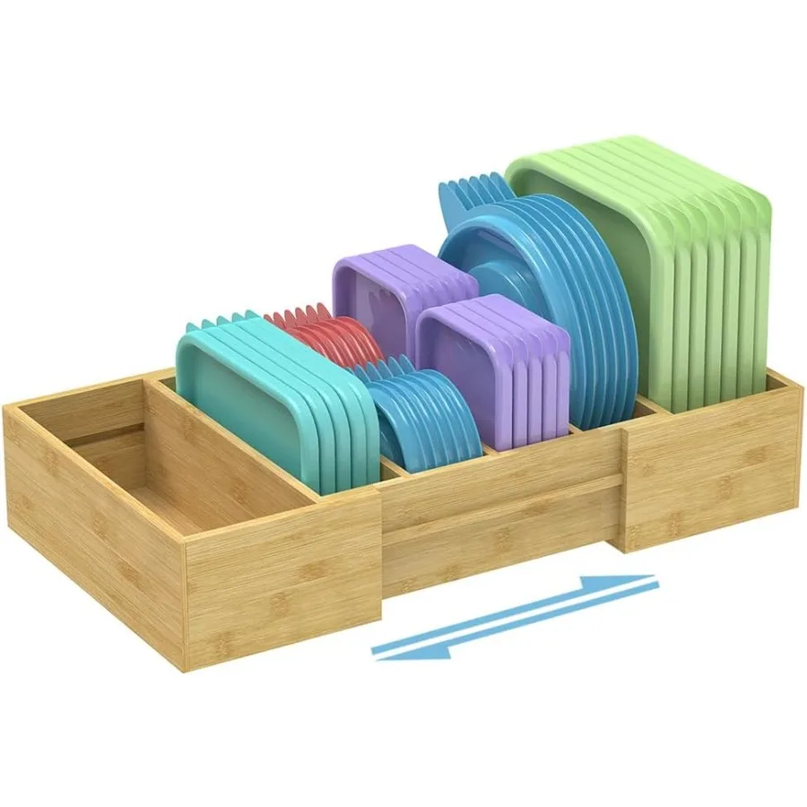 

Expandable Lid Organizer with 3 Adjustable Dividers Bamboo Food Container Kitchen Cabinet Organizer for Lids Covers Pantry Coun