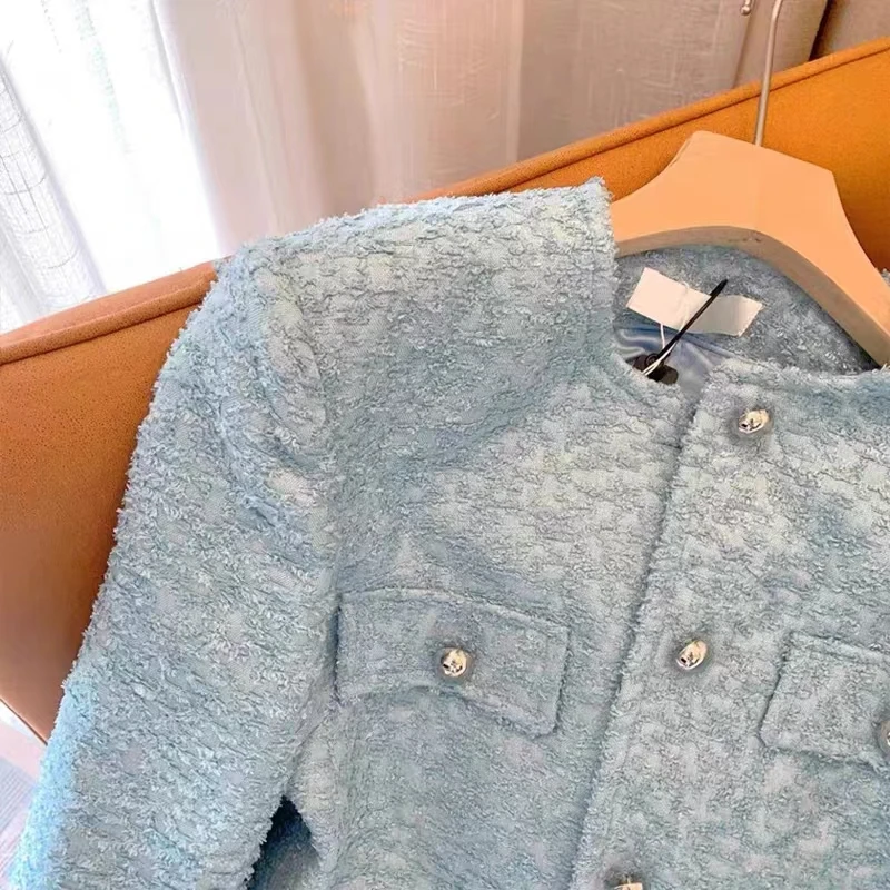 Blue Tweed Jacket Women 2024 Spring Autumn New High Quality Luxury White Tweed Jacket Elegant Long Sleeve Korean Cropped Jacket