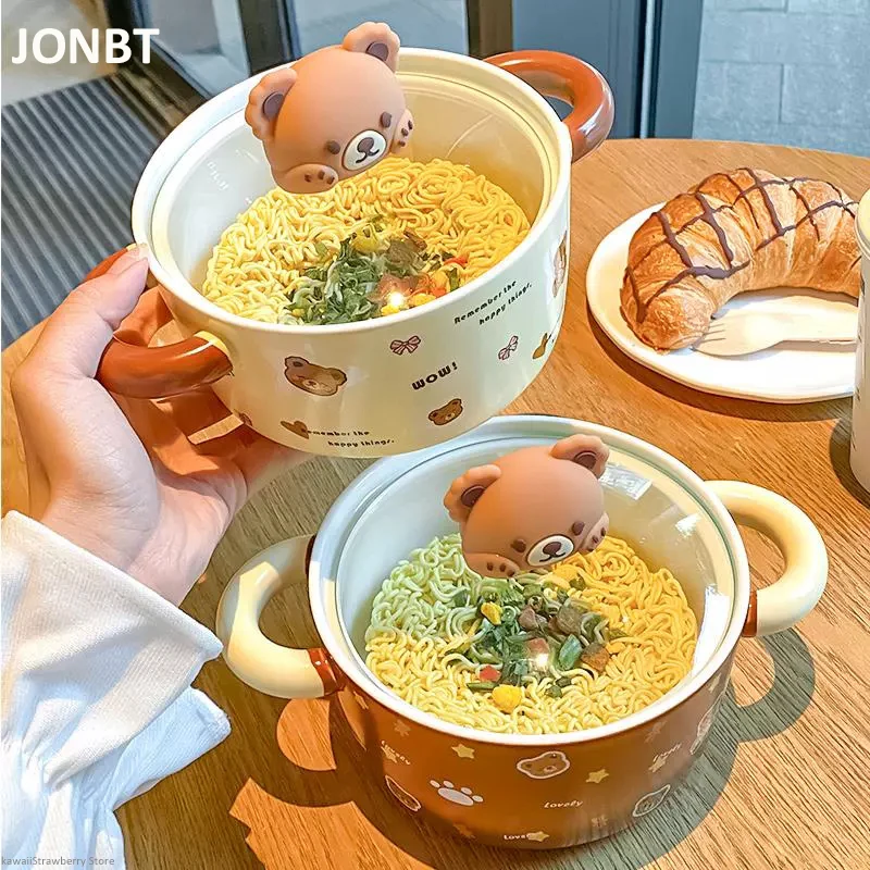 Kawaii Bear Jumbo Ramen Bowl With Lid Kitchen Tableware Cute Japanese Ceramics Instant Noodles Fruit Salad Soup Bowl Gift 750ml