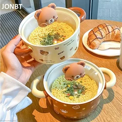 Kawaii Bear Jumbo Ramen Bowl With Lid Kitchen Tableware Cute Japanese Ceramics Instant Noodles Fruit Salad Soup Bowl Gift 750ml