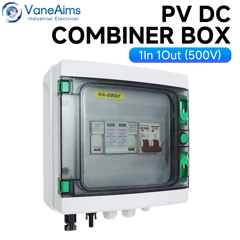 

Solar PV DC Combiner Box with Lightning Protection 1 Input 1 Output DC 500V Fuse MCB SPD Waterproof IP65 for Photovoltaic System