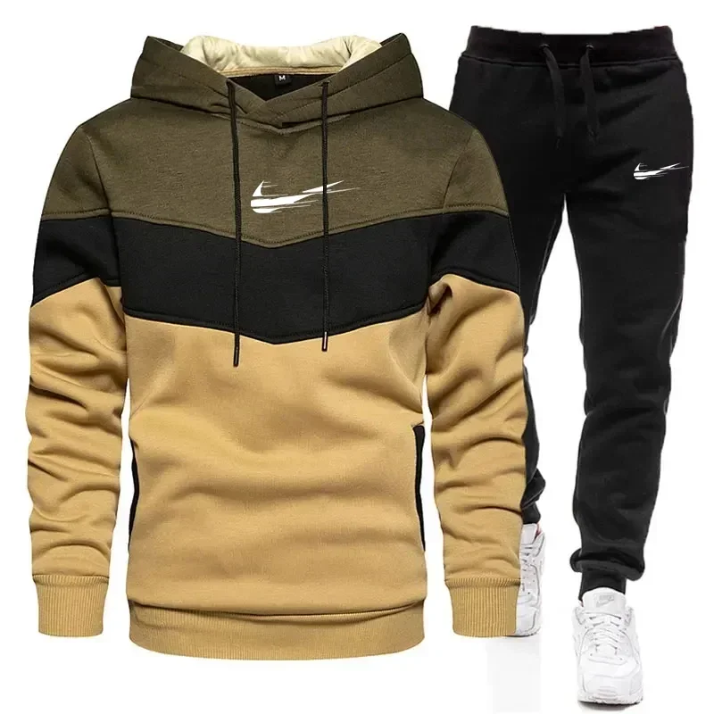 2024 new men\'s printed fashion splicing suit casual pullover sportswear two-piece set hooded sweatshirt + sweatpants suit