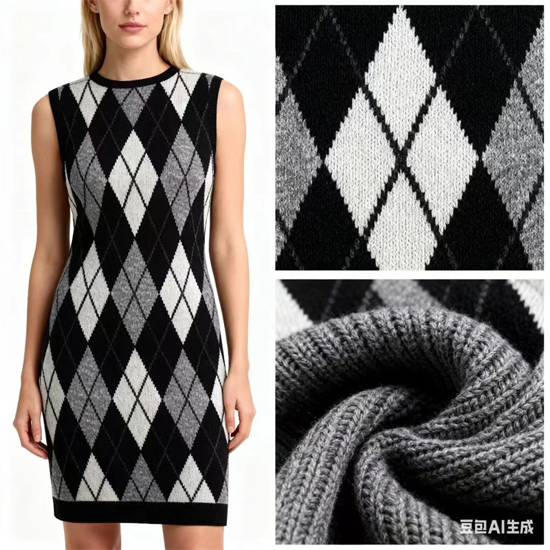 

Women's Argyle Pattern Knitted Midi Dress, Sleeveless Black & Gray Diamond Print Sweater Dress, Retro Style Casual Wear